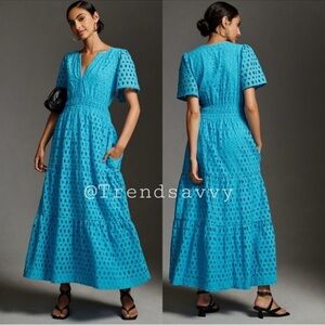 Anthropologie Somerset Blue Eyelet Maxi Dress V Neck Smocked XS NWT